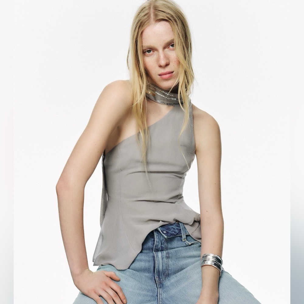 ZARA NWT One-Shoulder Silver Grey Women's Top